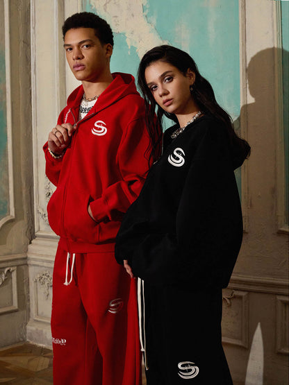 Cotton Blend Oversized Hoodie & Pants Set - Streetwear Style Tracksuit with Logo Embroidery and Zipper Closure 