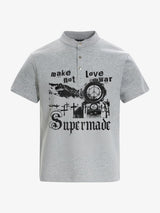 Cotton blend loose-fitting stand-up collar button-front short-sleeved T-shirt with anti-war print. 