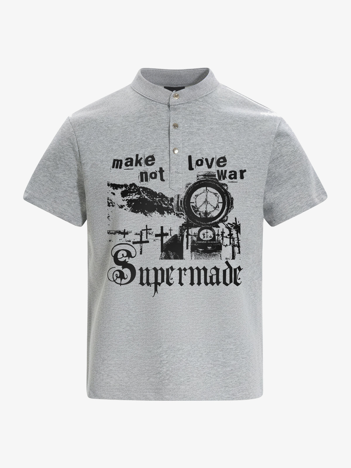 Cotton blend loose-fitting stand-up collar button-front short-sleeved T-shirt with anti-war print. 