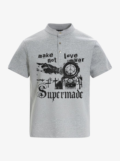 Cotton blend loose-fitting stand-up collar button-front short-sleeved T-shirt with anti-war print. 