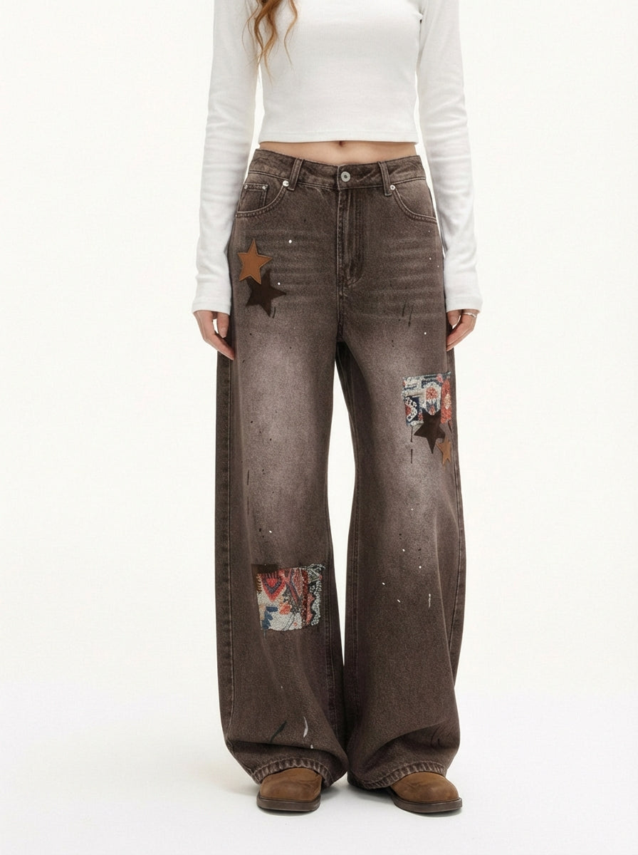 Retro Patchwork Washed Wide Leg Denim Jeans