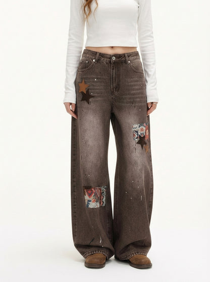 Retro Patchwork Washed Wide Leg Denim Jeans