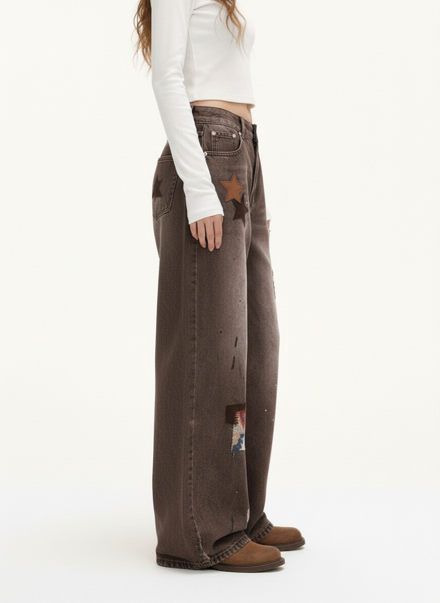 Retro Patchwork Washed Wide Leg Denim Jeans
