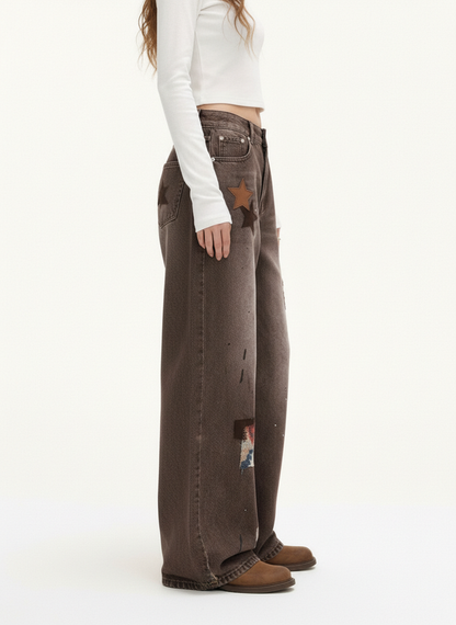 Retro Patchwork Washed Wide Leg Denim Jeans