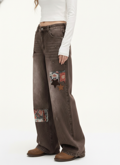 Retro Patchwork Washed Wide Leg Denim Jeans