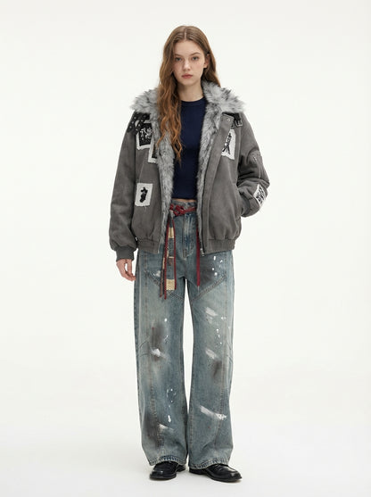 Faux Fur Collar Patchwork Embroidered Quilted Jacket