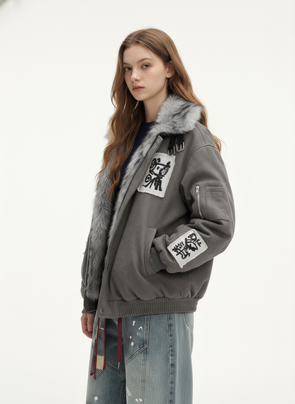 Faux Fur Collar Patchwork Embroidered Quilted Jacket