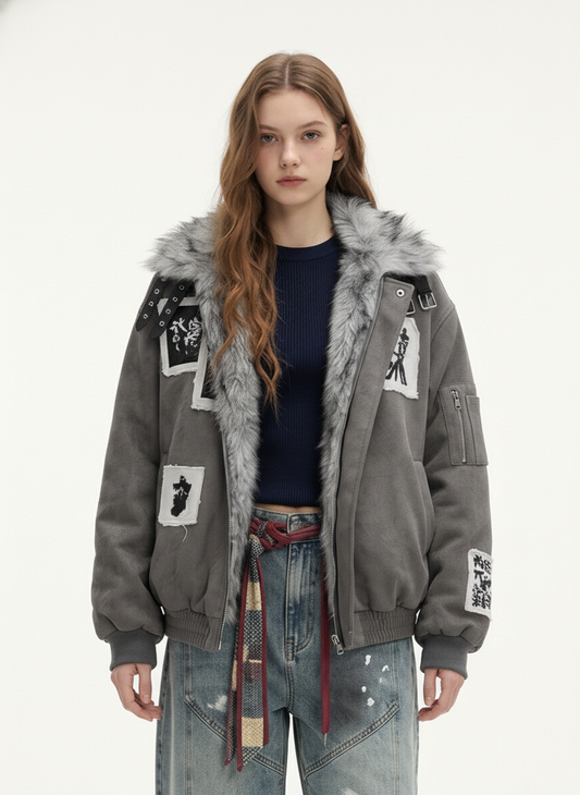 Faux Fur Collar Patchwork Embroidered Quilted Jacket