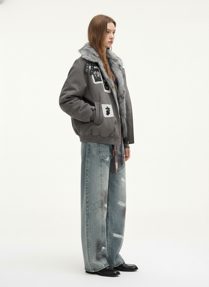 Faux Fur Collar Patchwork Embroidered Quilted Jacket