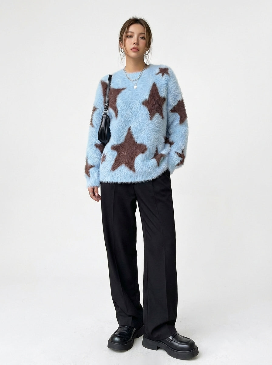 Fun Star Jacquard Sweater Crew Neck Sweater