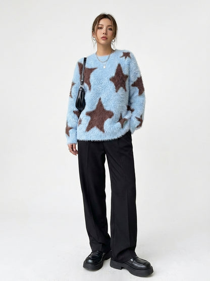 Fun Star Jacquard Sweater Crew Neck Sweater