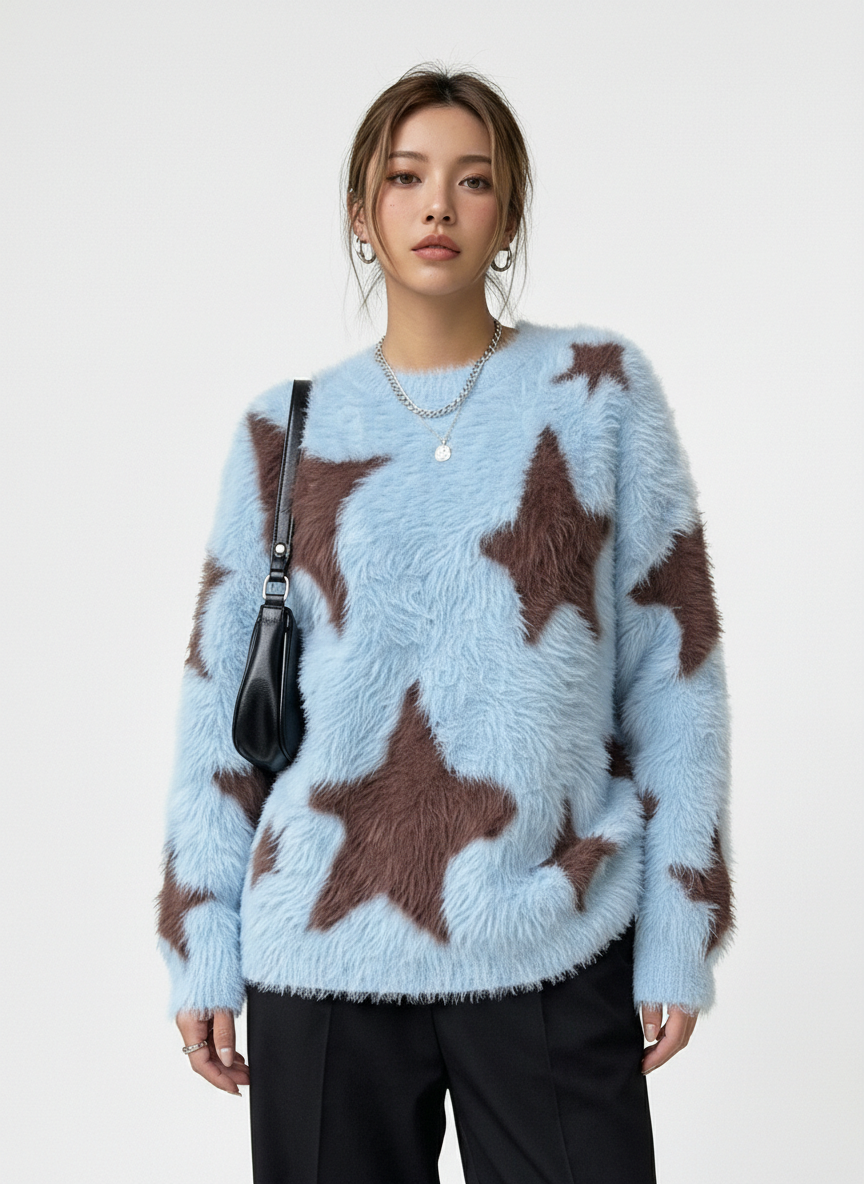 Fun Star Jacquard Sweater Crew Neck Sweater