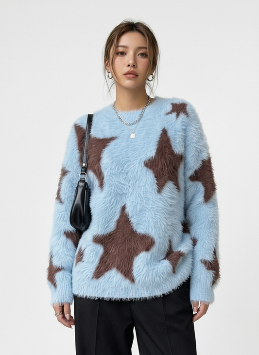 Fun Star Jacquard Sweater Crew Neck Sweater