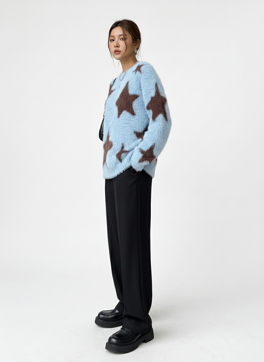 Fun Star Jacquard Sweater Crew Neck Sweater