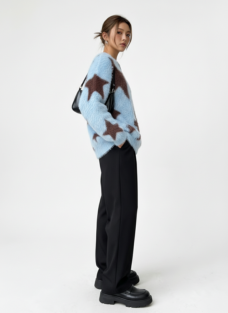 Fun Star Jacquard Sweater Crew Neck Sweater