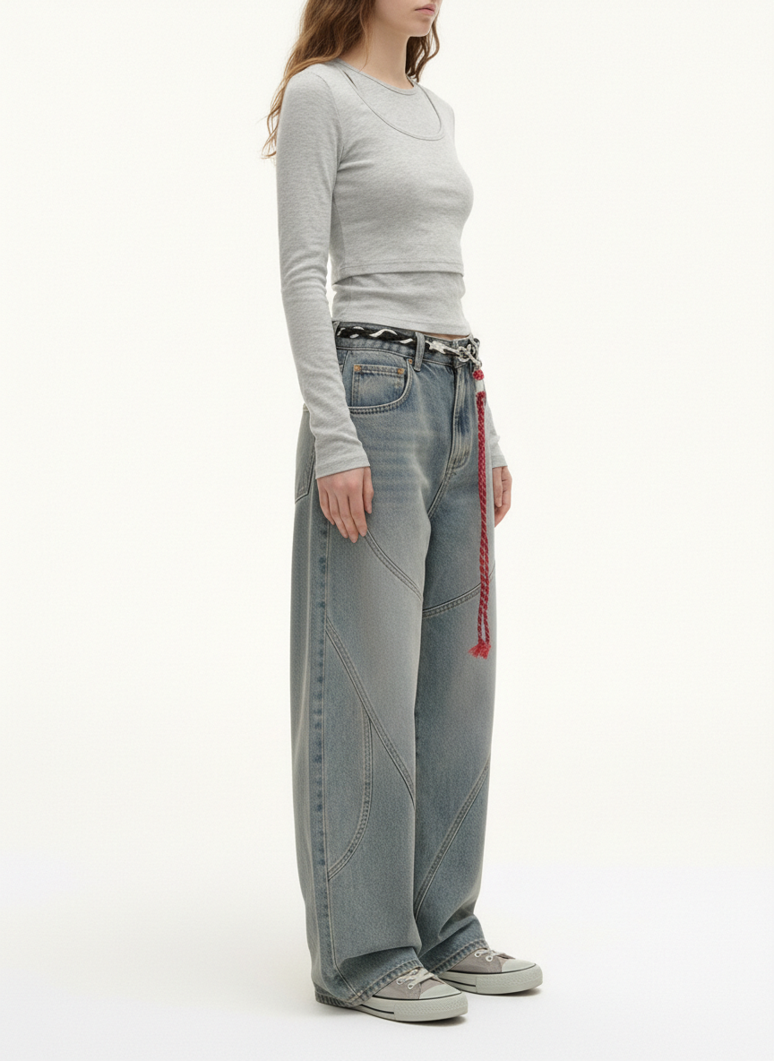 Denim Retro Belt Detail With Patchwork Barrel Jeans - 2490