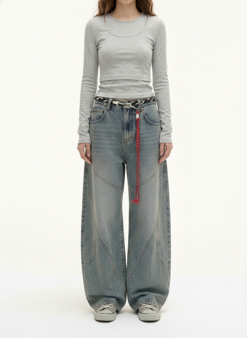 Denim Retro Belt Detail With Patchwork Barrel Jeans - 2490