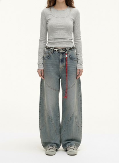 Denim Retro Belt Detail With Patchwork Barrel Jeans - 2490