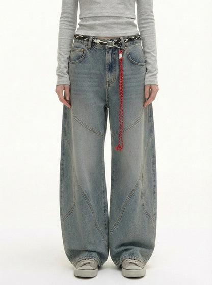 Denim Retro Belt Detail With Patchwork Barrel Jeans - 2490