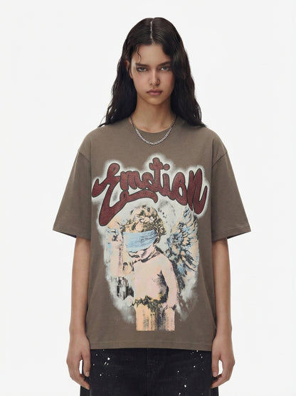 Retro Blindfold Angel Rhinestone Letter Graphic T-Shirt