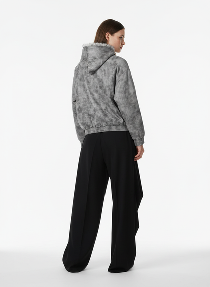 Faux Suede Vintage Wash Fur Hood Padded Jacket