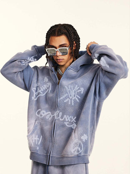 Street Graffiti Spray Print Zip Up Hoodie 