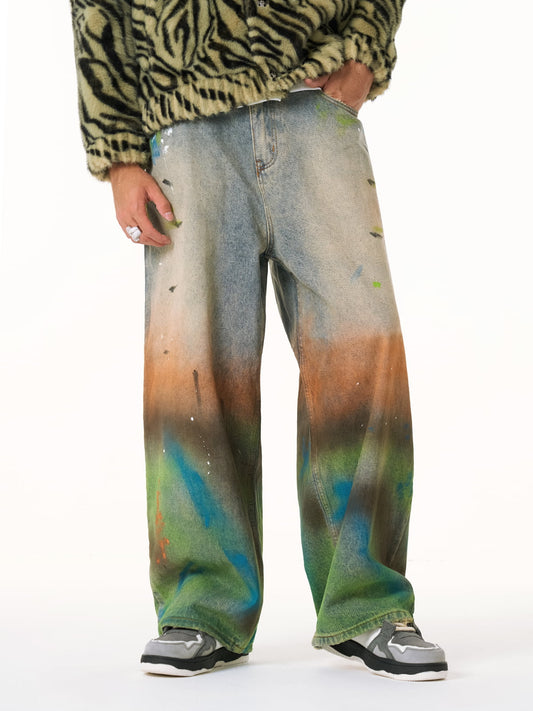 Tie-Dye Gradient Wide-Leg Jeans with Faux Fur Jacket Set - Perfect for Trendy Outfits 