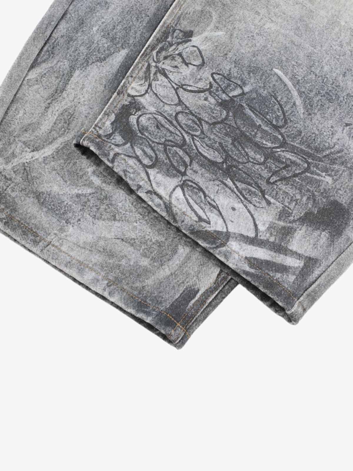 Denim Wide Leg Pants with Graffiti Print High Waist Baggy Style Streetwear Jeans for Men and Women 