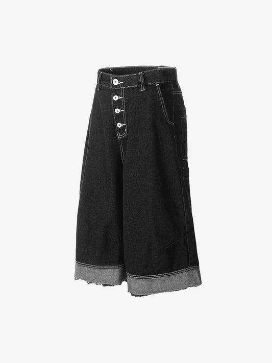 Retro Black Multi-pocket Exposed Raw Edge Cropped Jeans 