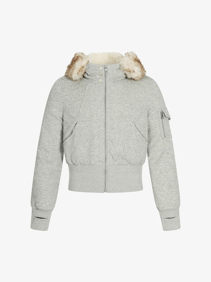 Retro Faux Fur Collar Fleece Zip Up Hoodie Jacket 