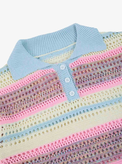 Knitted Striped Polo Shirt for Kids with Colorful Horizontal Patterns and Breathable Design 