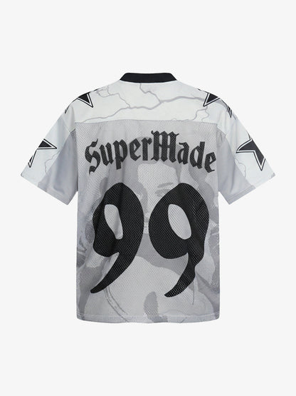Mesh V-Neck SuperMade Graphic T-Shirt with Star Print and Transparent Overlay 