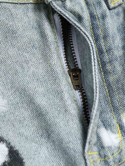 Denim Painted Animal Print Wide Leg Jeans with Cartoon Cat Dog Design?