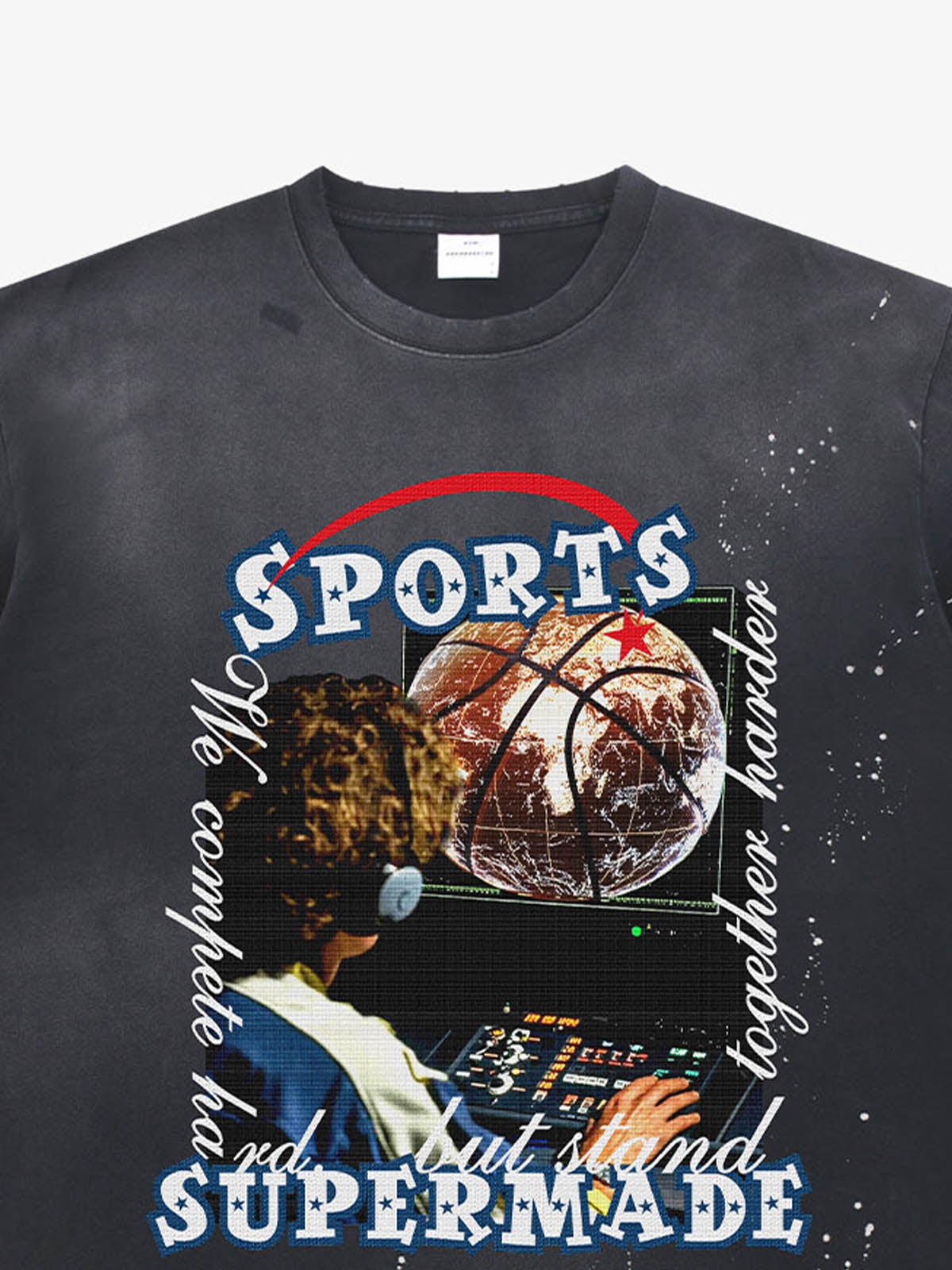 thesupermade-"Retro Basketball Radio" "Sports Know No Borders" Graphic Tee-Retro Ink Splash Streetwear Oversized T-Shirt 