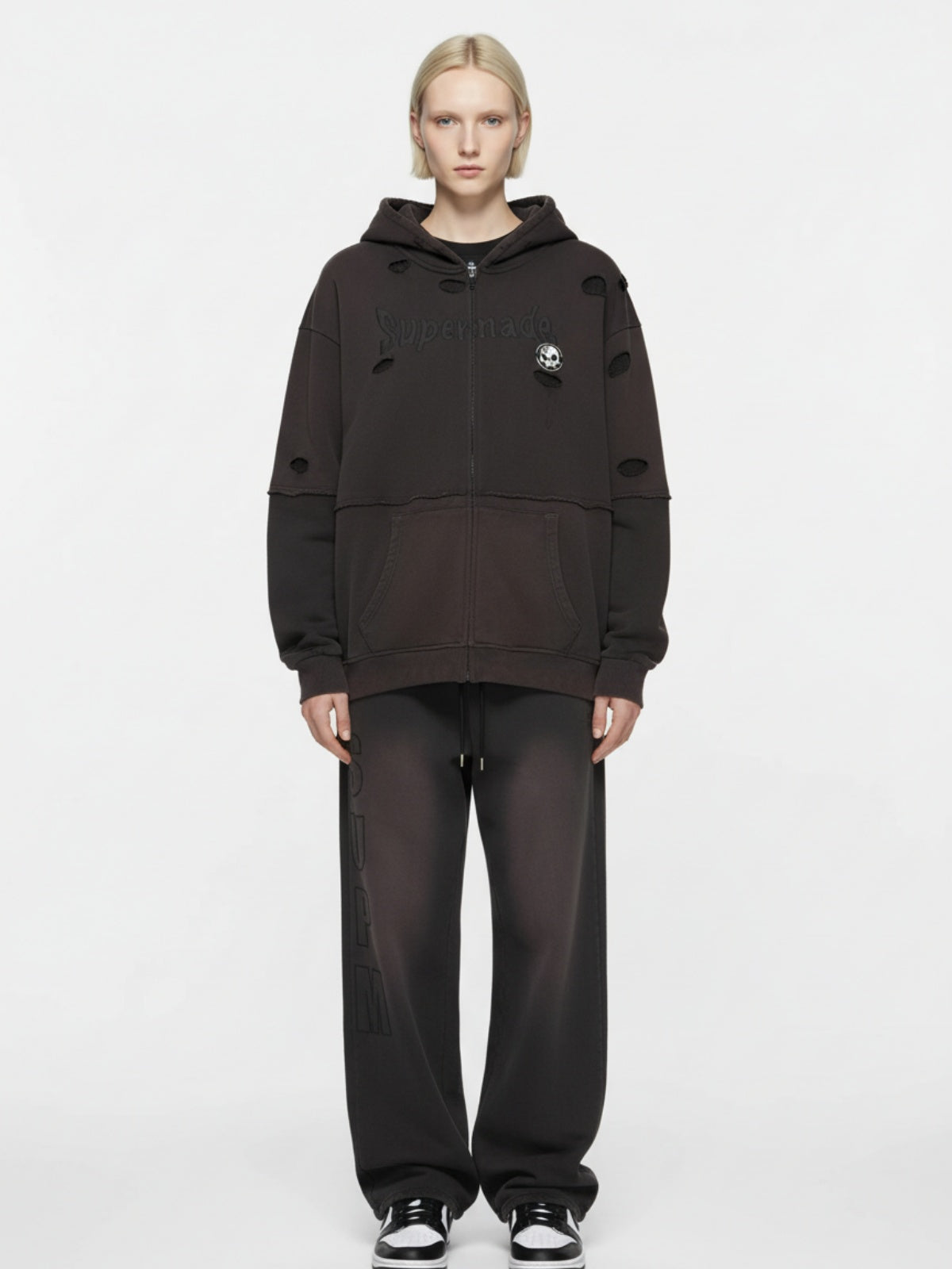 Original Washed & Ripped Skull Cardigan Cotton Hoodie Set