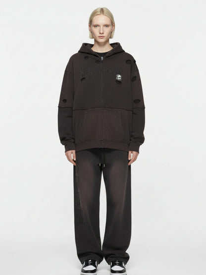 Original Washed & Ripped Skull Cardigan Cotton Hoodie Set