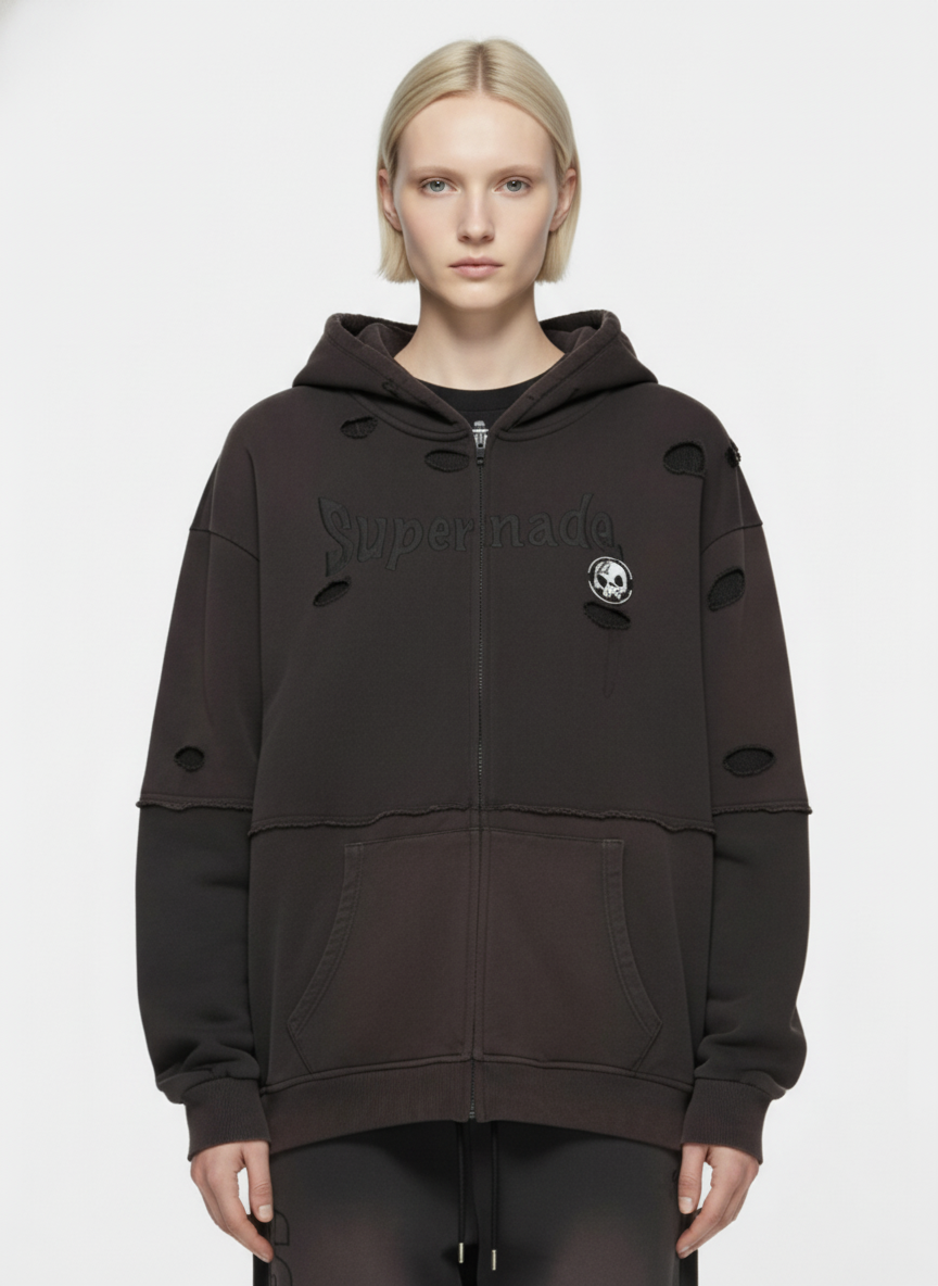 Original Washed & Ripped Skull Cardigan Cotton Hoodie Set