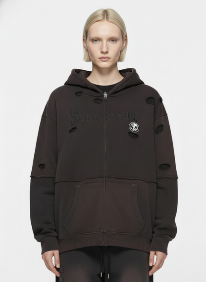 Original Washed & Ripped Skull Cardigan Cotton Hoodie Set