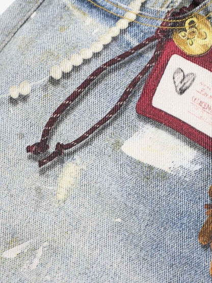 Denim Wide Leg Baggy Jeans with Tie and Pearl Chain Detail for Women Fashion Streetwear 