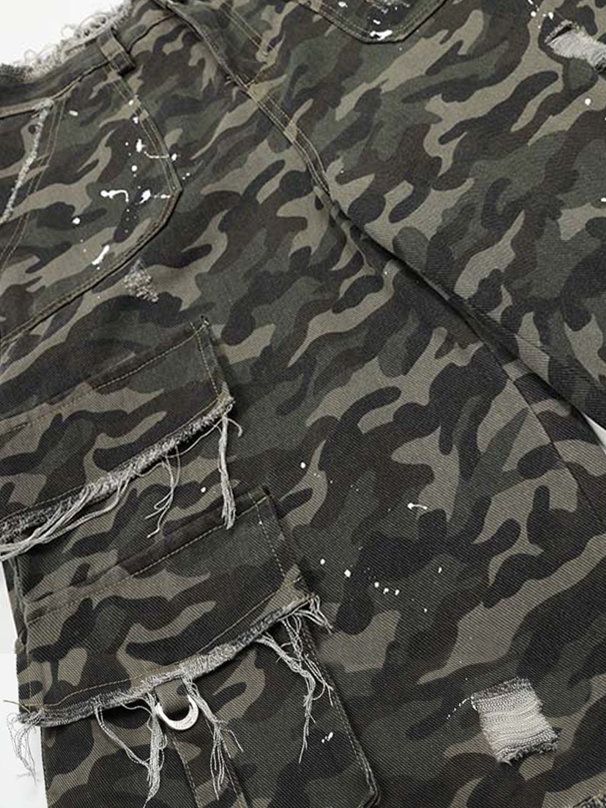 Distressed Camouflage Denim Cargo Shorts with Ripped Details and Embroidered Logo?