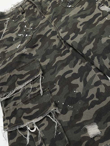 Distressed Camouflage Denim Cargo Shorts with Ripped Details and Embroidered Logo?