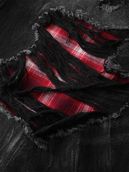 Retro Ripped Contrast Plaid Denim Shorts 