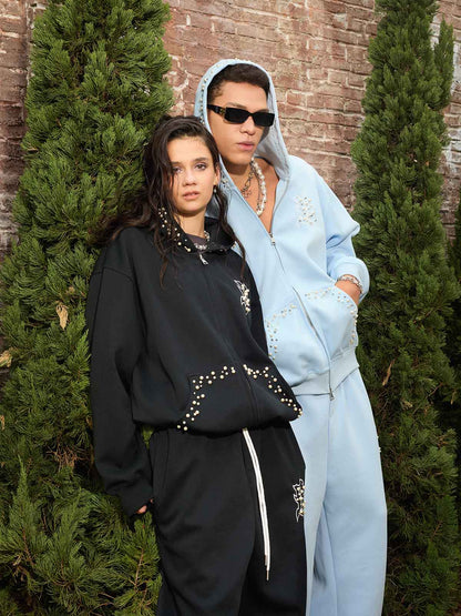 Cotton Blend Embroidered Pearl Detail Track Jacket with Zip Front and Hood 