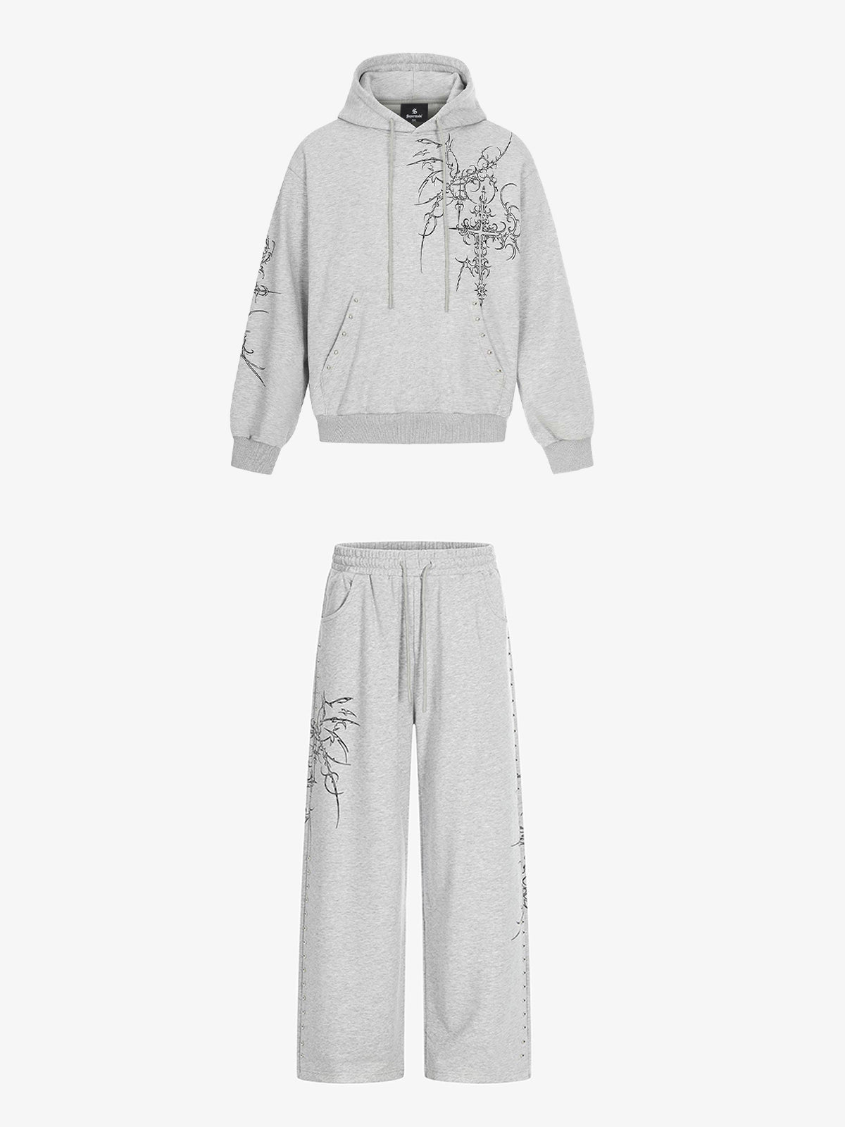 Embroidered Graphic Studded Hoodie and  Wide Leg Sweatpants Set