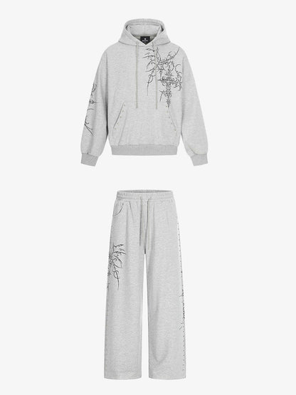 Embroidered Graphic Studded Hoodie and  Wide Leg Sweatpants Set