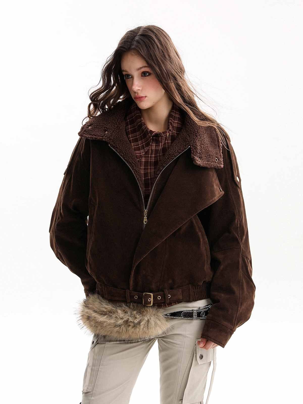 Retro Lambswool Stand Collar Asymmetrical Suede Padded Jacket