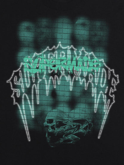 THE SUPERMADE Dark Grid Skull Graphic T-Shirt with Neon Drip Design 