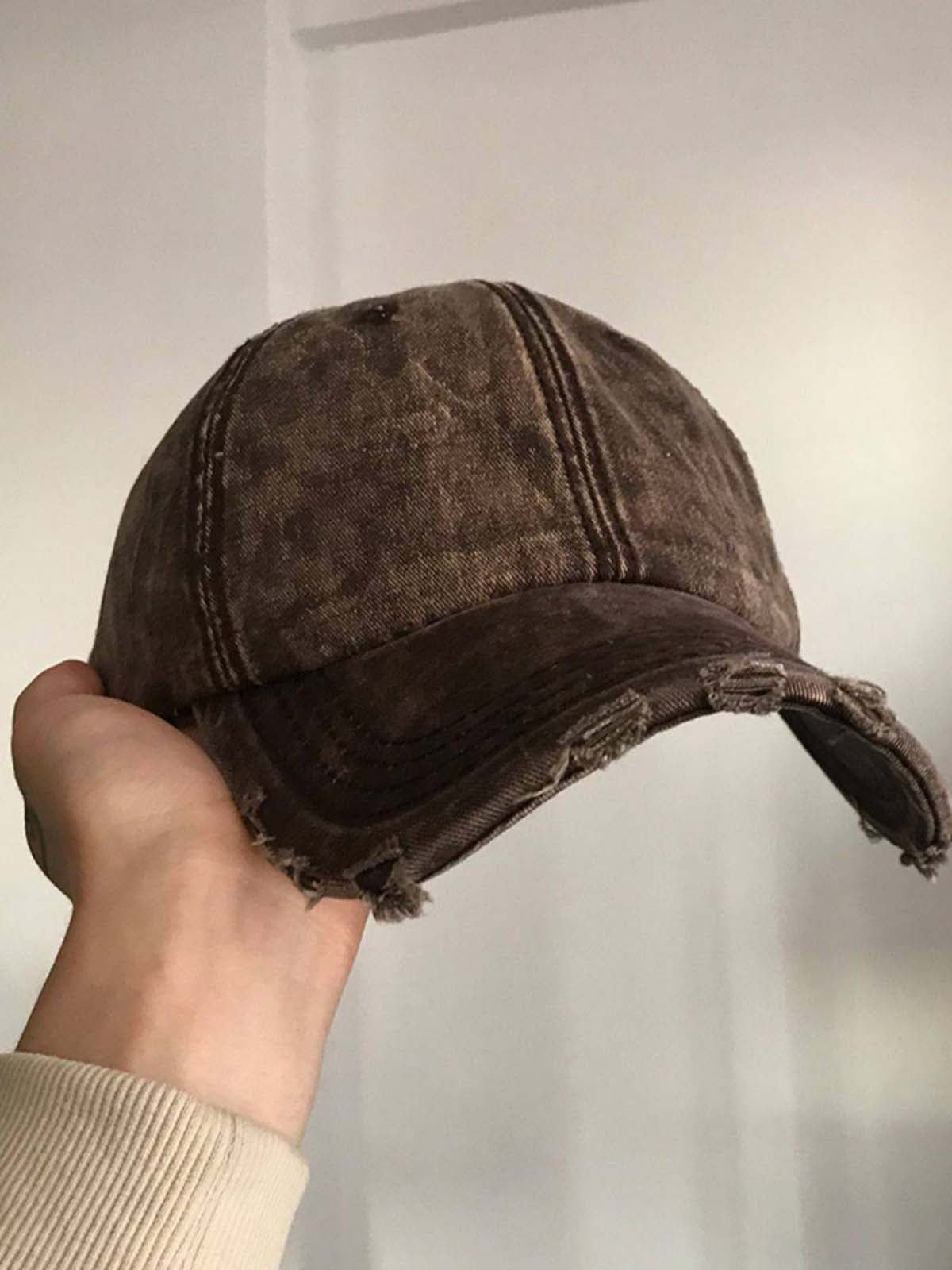 Distressed Cotton Baseball Cap with Frayed Brim and Vintage Wash Finish?