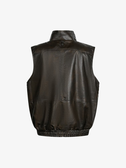 Thesupermade American Retro PU Leather Stand Collar Workwear Motorcycle Vest 