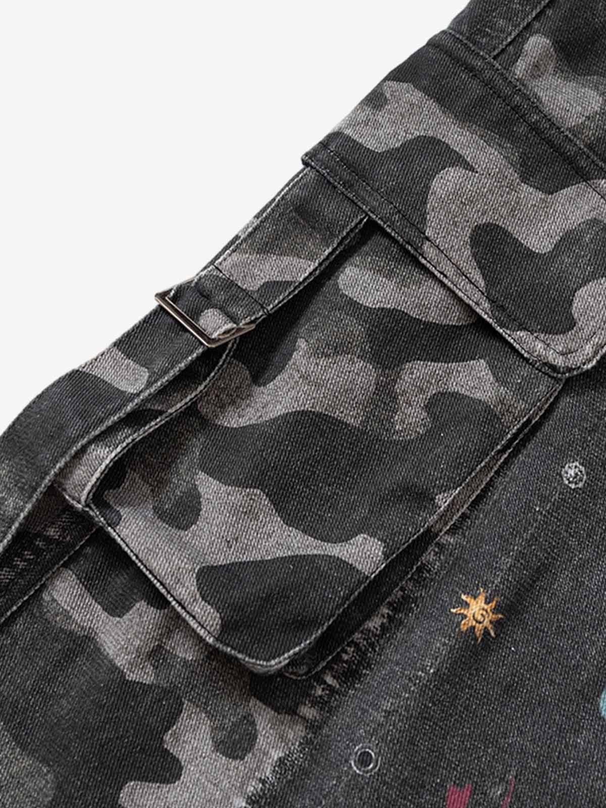 Thesupermade Graffiti Print Cold Transfer Camouflage Layered Cargo Jeans 